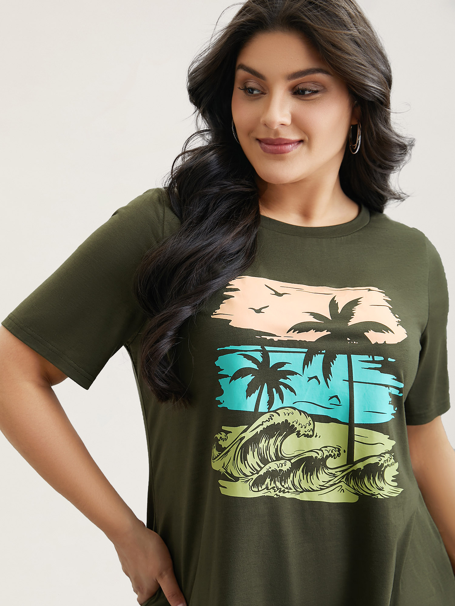 

Plus Size Vacation Print Round Neck T-Shirt ArmyGreen Women Casual Non Tropical Round Neck Everyday T-shirts BloomChic