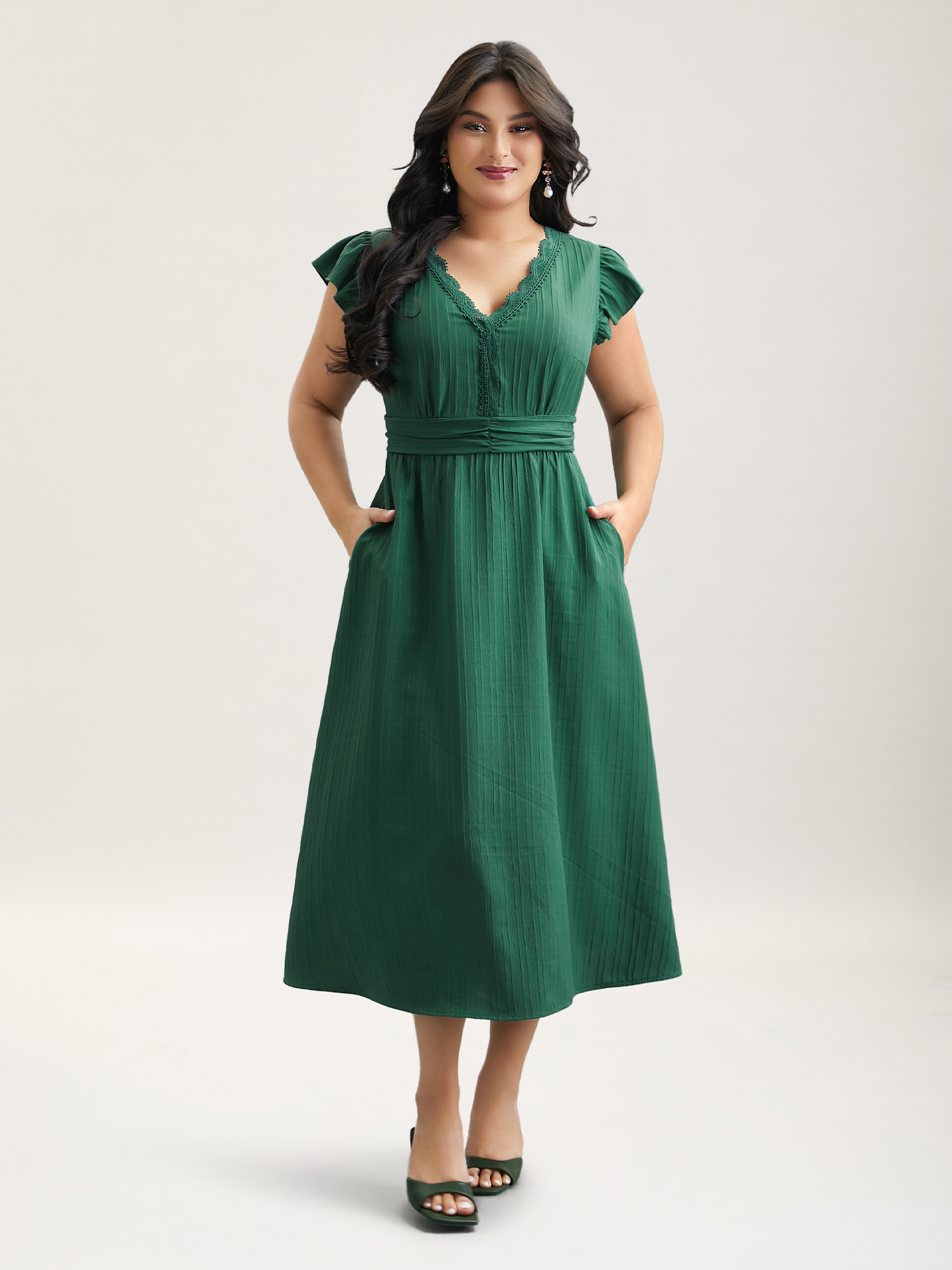 

Plus Size Lace Trim Stitch Textured Waist-Defined Midi Dress Emerald Women Elegant Woven ribbon&lace trim V-neck Cap Sleeve Curvy BloomChic