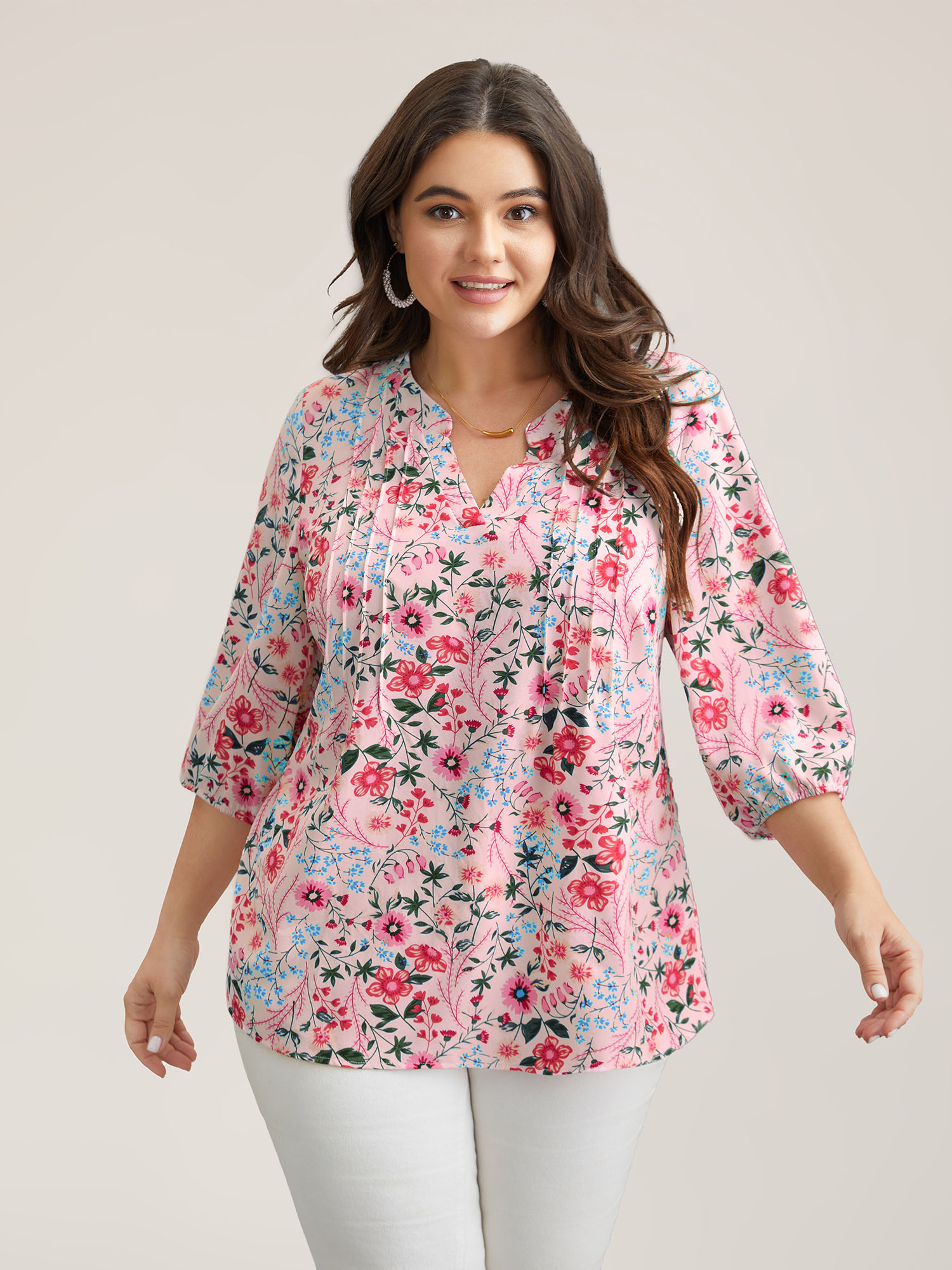 

Plus Size Lightpink Floral Print Notched Collar Shirt Women Elegant Elbow-length sleeve Notched collar Everyday Blouses BloomChic