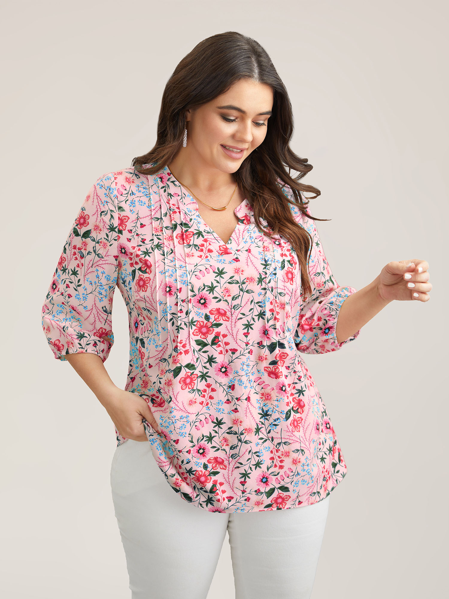 Plus Size Lightpink Floral Print Notched Collar Shirt Women Elegant Elbow-length sleeve Notched collar Everyday Blouses BloomChic 14-16/1X 