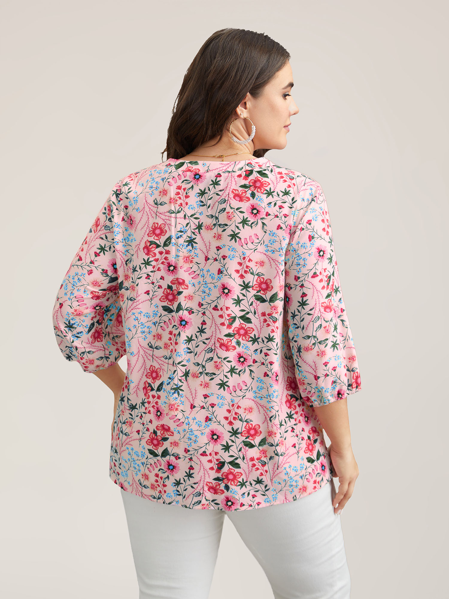 Plus Size Lightpink Floral Print Notched Collar Shirt Women Elegant Elbow-length sleeve Notched collar Everyday Blouses BloomChic 14-16/1X 