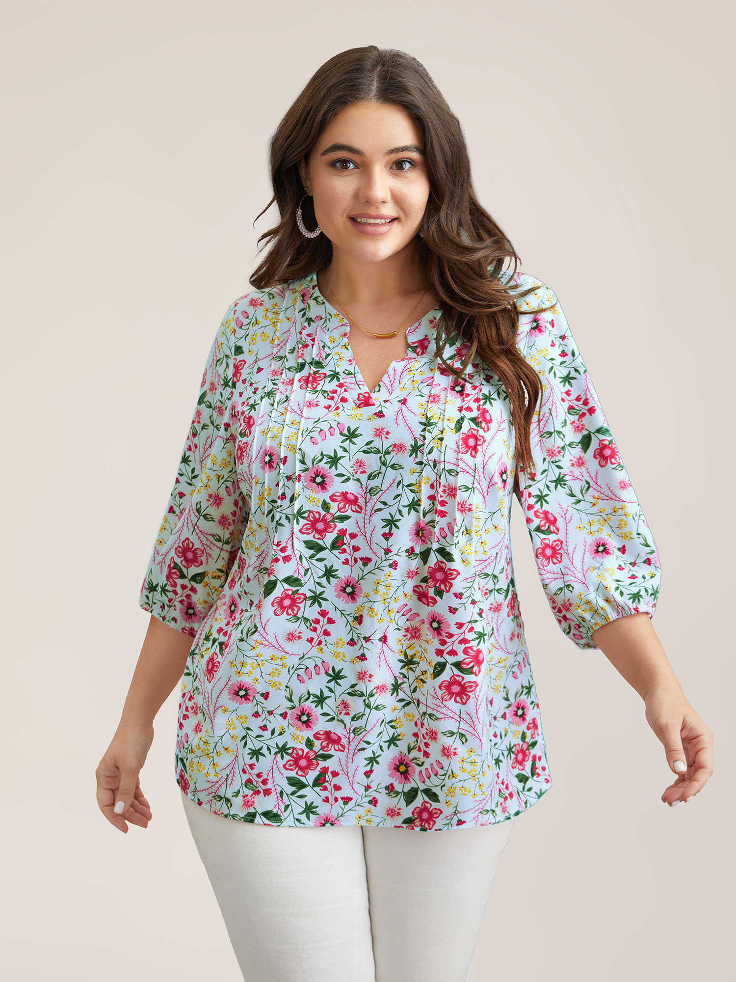 

Plus Size LightBlue Floral Print Notched Collar Shirt Women Elegant Elbow-length sleeve Notched collar Everyday Blouses BloomChic