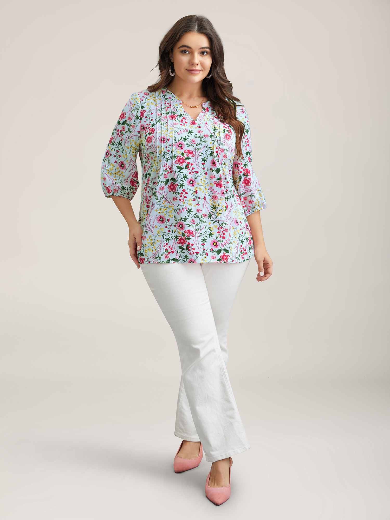 Plus Size LightBlue Floral Print Notched Collar Shirt Women Elegant Elbow-length sleeve Notched collar Everyday Blouses BloomChic 18-20/2X 