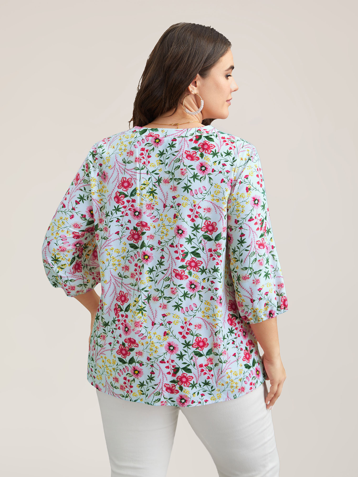 Plus Size LightBlue Floral Print Notched Collar Shirt Women Elegant Elbow-length sleeve Notched collar Everyday Blouses BloomChic 18-20/2X 