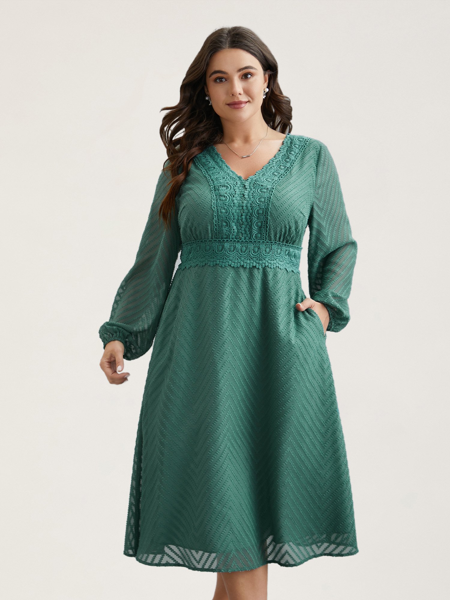 

Plus Size Sheer Textured Lace Detail Pockets Midi Dress Teal Women Elegant Woven ribbon&lace trim V-neck Long Sleeve Curvy BloomChic