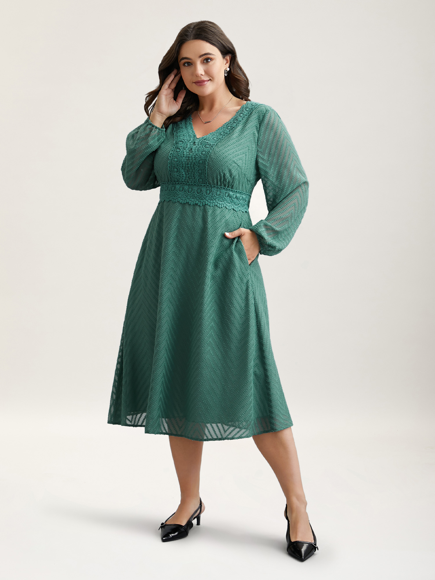 Plus Size Sheer Textured Lace Detail Pockets Midi Dress Teal Women Elegant Woven ribbon&lace trim V-neck Long Sleeve Curvy BloomChic 28/5X 