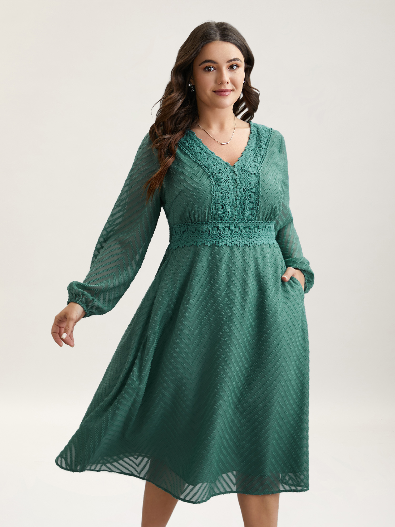 Plus Size Sheer Textured Lace Detail Pockets Midi Dress Teal Women Elegant Woven ribbon&lace trim V-neck Long Sleeve Curvy BloomChic 28/5X 