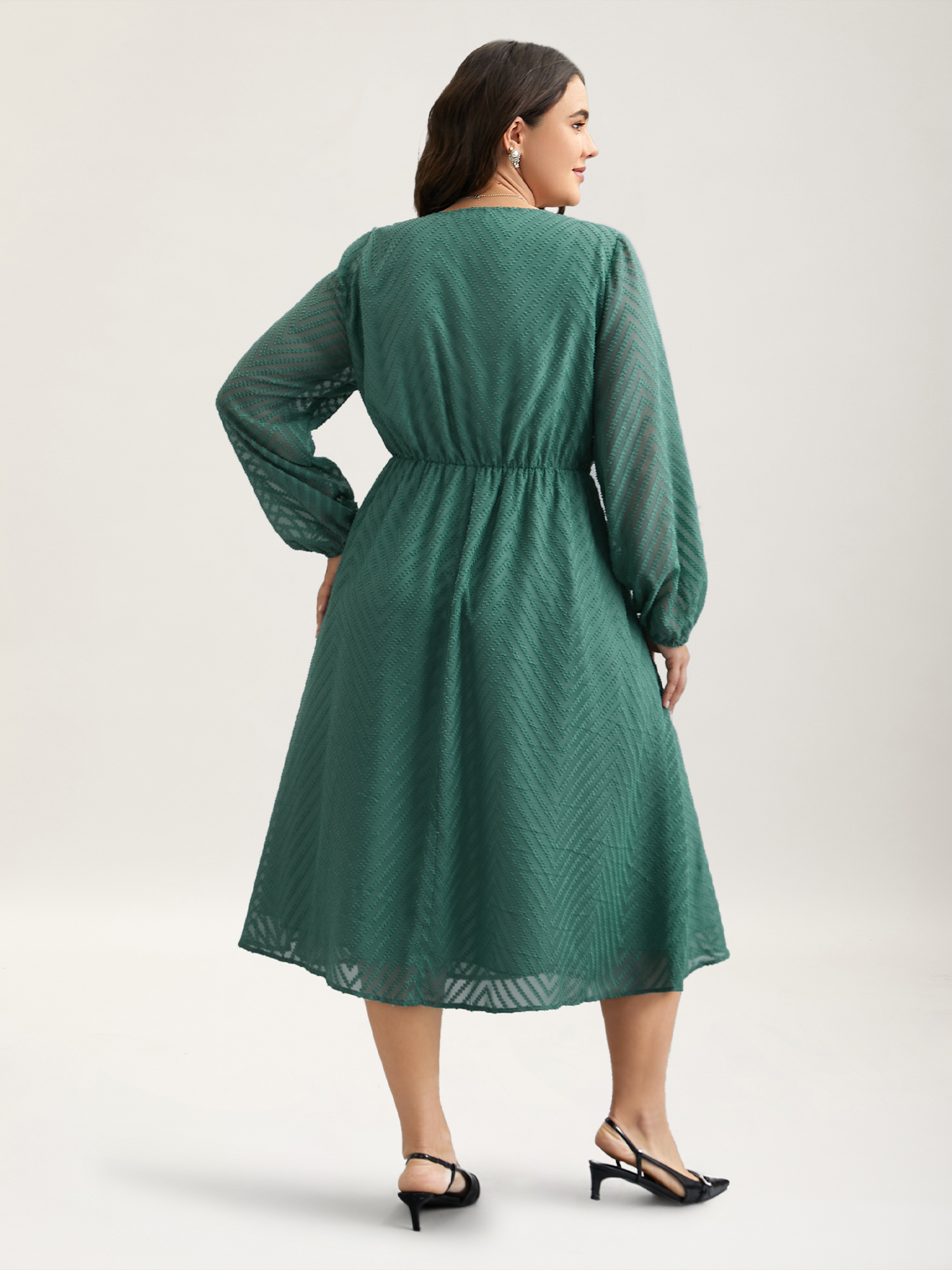 

Plus Size Sheer Textured Lace Detail Pockets Midi Dress Teal Women Elegant Woven ribbon&lace trim V-neck Long Sleeve Curvy BloomChic