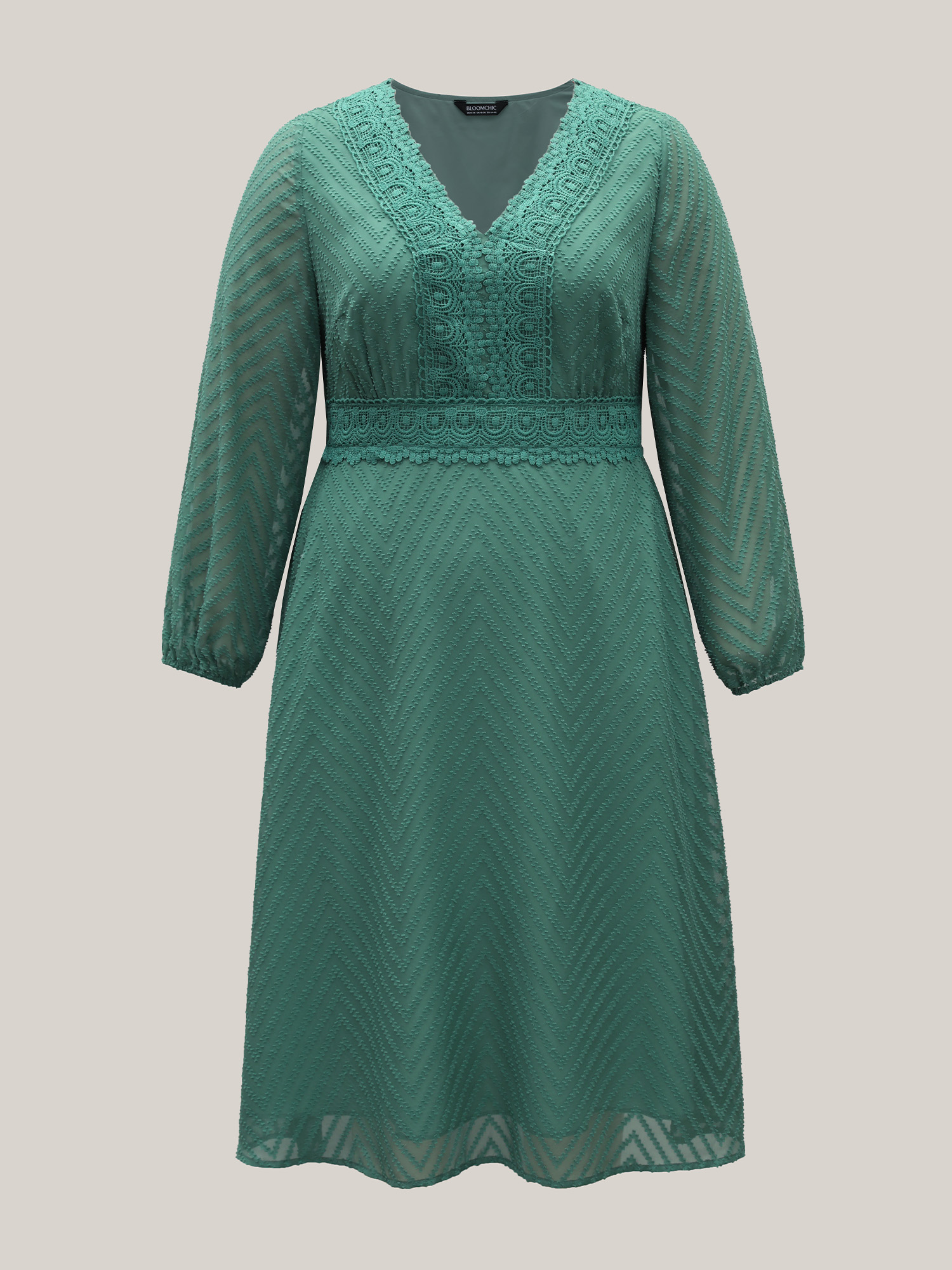 Plus Size Sheer Textured Lace Detail Pockets Midi Dress Teal Women Elegant Woven ribbon&lace trim V-neck Long Sleeve Curvy BloomChic 28/5X 