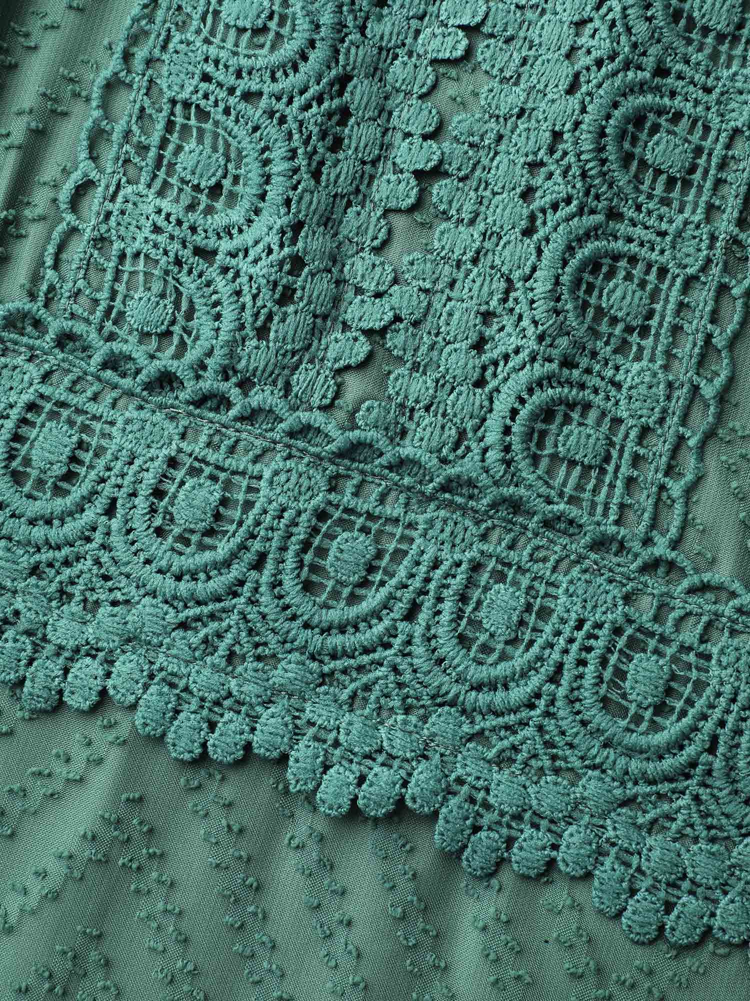 Plus Size Sheer Textured Lace Detail Pockets Midi Dress Teal Women Elegant Woven ribbon&lace trim V-neck Long Sleeve Curvy BloomChic 28/5X 