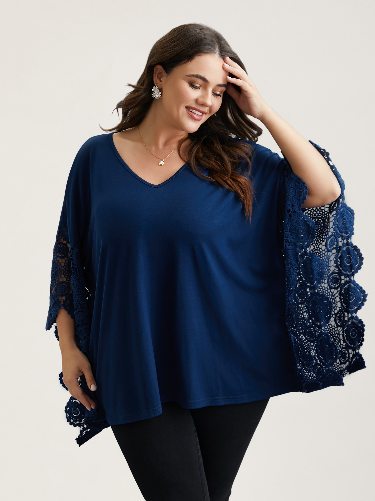 

Plus Size V-Neck Crochet Lace Batwing Sleeve T-Shirt Indigo Women Elegant Patchwork V-neck Loose Everyday T-shirts BloomChic