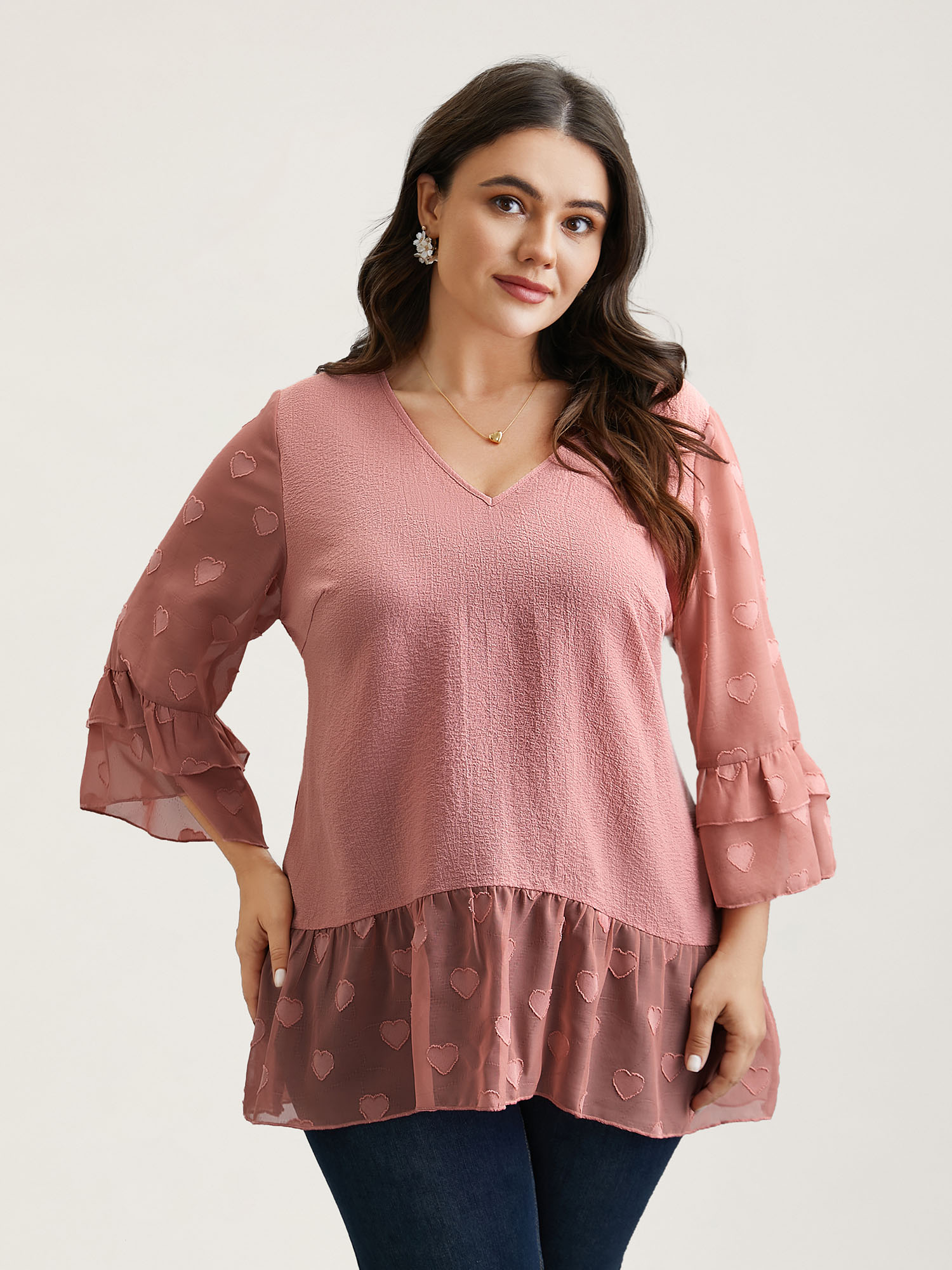 

Plus Size Rouge Love Textured Patchwork Sheer Tiered Ruffles Blouse Women Elegant Elbow-length sleeve V-neck Everyday Blouses BloomChic