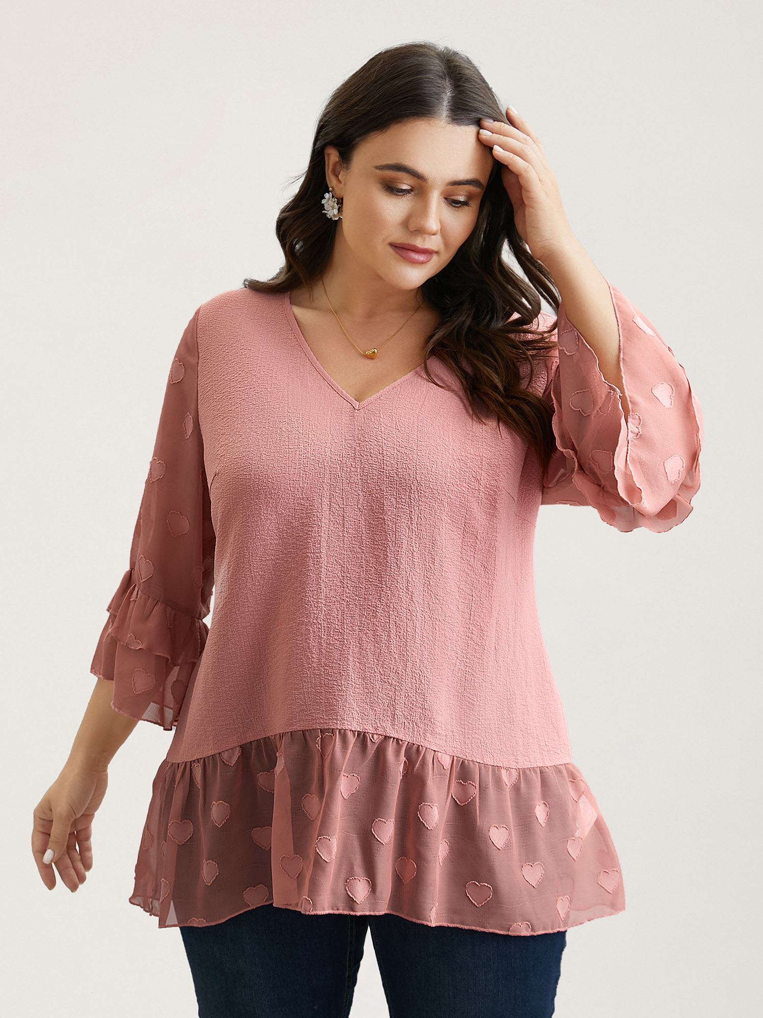 Plus Size Rouge Love Textured Patchwork Sheer Tiered Ruffles Blouse Women Elegant Elbow-length sleeve V-neck Everyday Blouses BloomChic 14-16/1X 