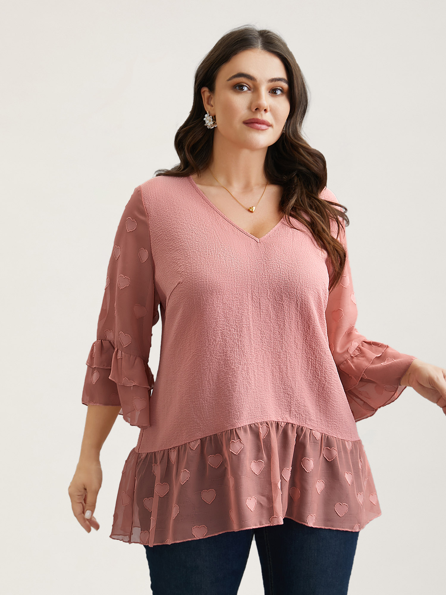 Plus Size Rouge Love Textured Patchwork Sheer Tiered Ruffles Blouse Women Elegant Elbow-length sleeve V-neck Everyday Blouses BloomChic 14-16/1X 