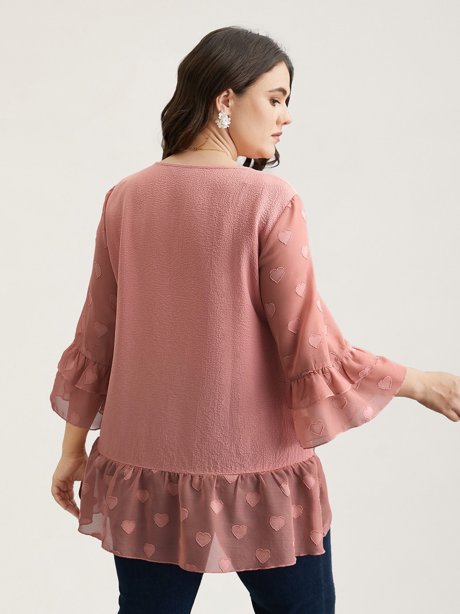 Plus Size Rouge Love Textured Patchwork Sheer Tiered Ruffles Blouse Women Elegant Elbow-length sleeve V-neck Everyday Blouses BloomChic 14-16/1X 