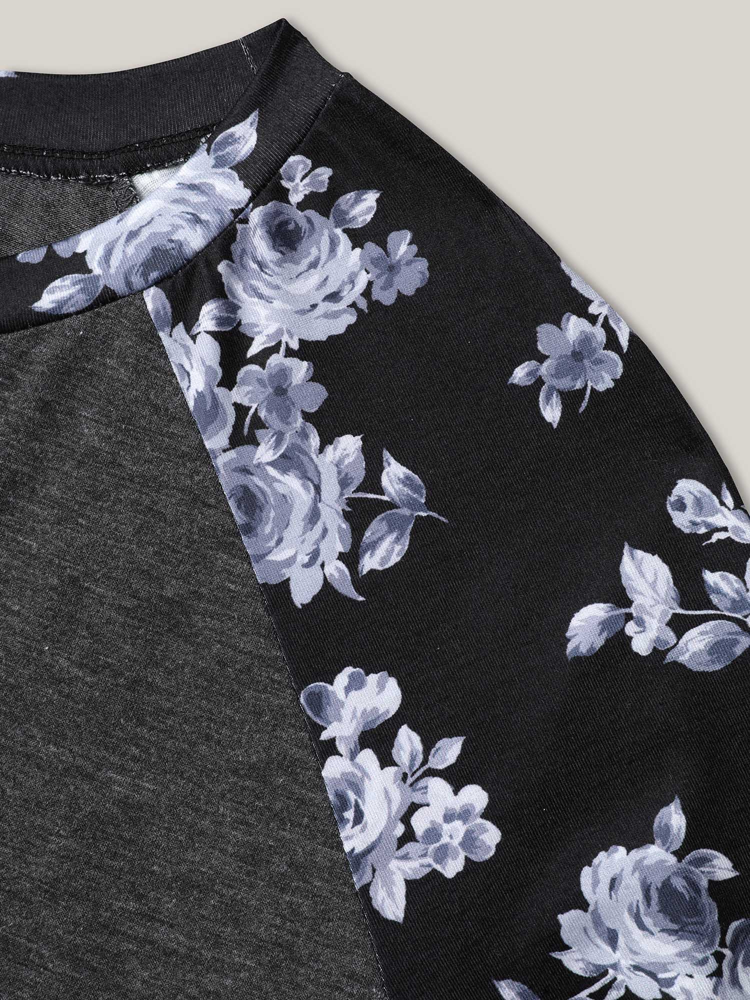 

Plus Size Floral Sleeve Round Neck Flared T-Shirt DimGray Women Casual Contrast Natural Flowers Round Neck Everyday T-shirts BloomChic