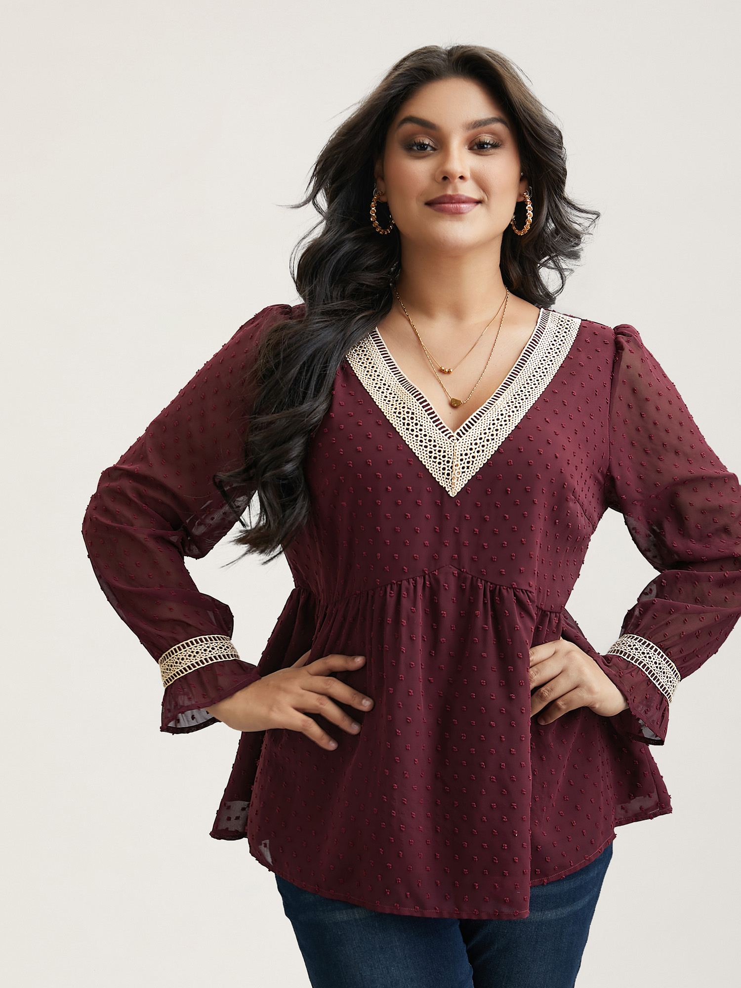 

Plus Size Burgundy Contrast Webbing Cut-Out Stretchy-Waist Blouse Women Elegant Extra Long Sleeve V-neck Everyday Blouses BloomChic