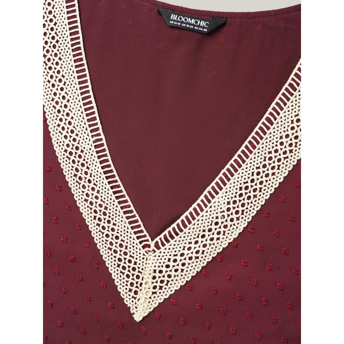 Plus Size Burgundy Contrast Webbing Cut-Out Stretchy-Waist Blouse Women Elegant Extra Long Sleeve V-neck Everyday Blouses BloomChic