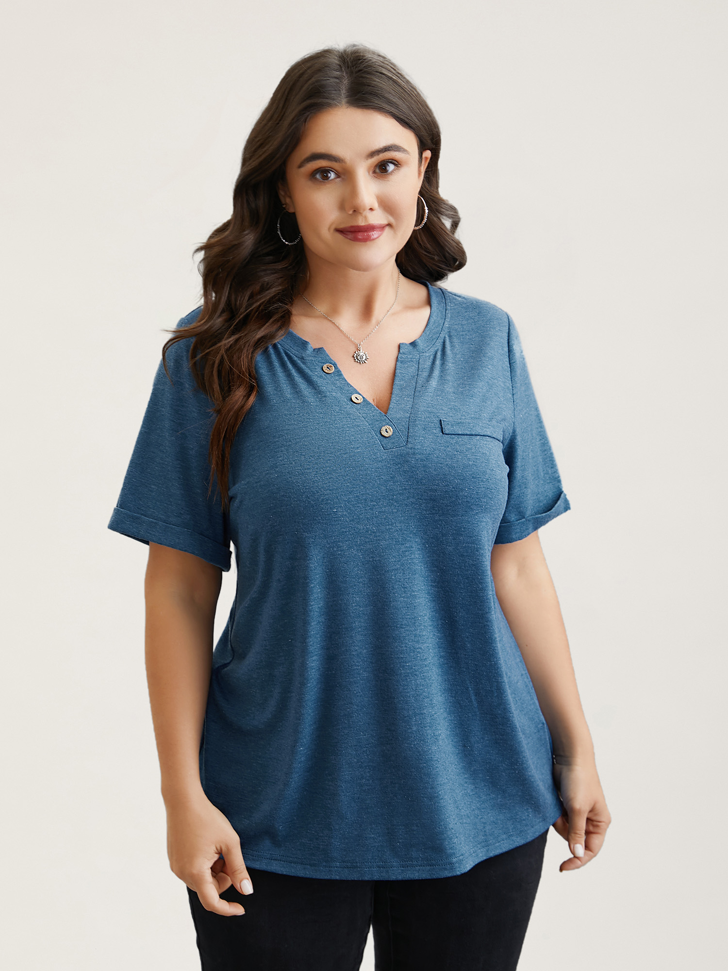 Plus Size Button-Front Half Sleeve Fitted T-Shirt Cerulean Women Casual Roll Hem Notched collar Everyday T-shirts BloomChic 30/6X 
