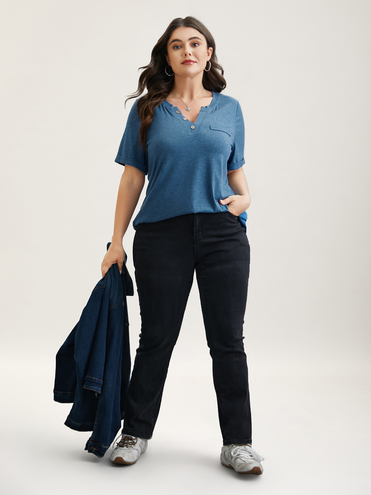 Plus Size Button-Front Half Sleeve Fitted T-Shirt Cerulean Women Casual Roll Hem Notched collar Everyday T-shirts BloomChic 30/6X 