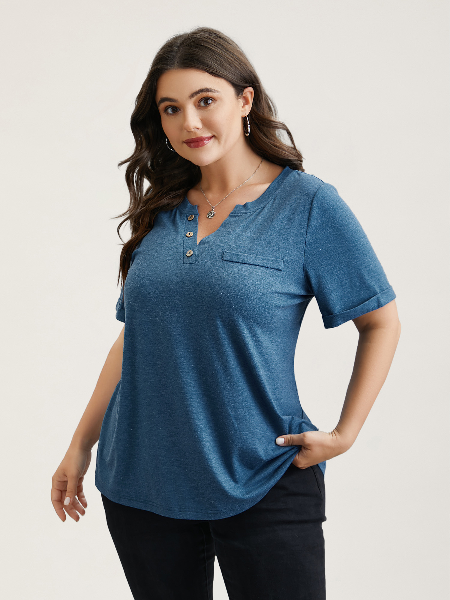 Plus Size Button-Front Half Sleeve Fitted T-Shirt Cerulean Women Casual Roll Hem Notched collar Everyday T-shirts BloomChic 30/6X 
