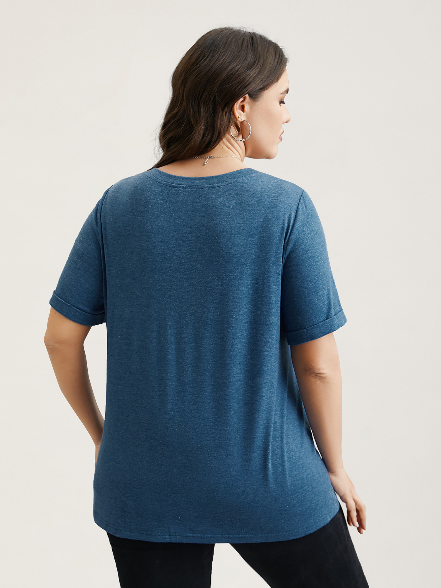 Plus Size Button-Front Half Sleeve Fitted T-Shirt Cerulean Women Casual Roll Hem Notched collar Everyday T-shirts BloomChic 30/6X 