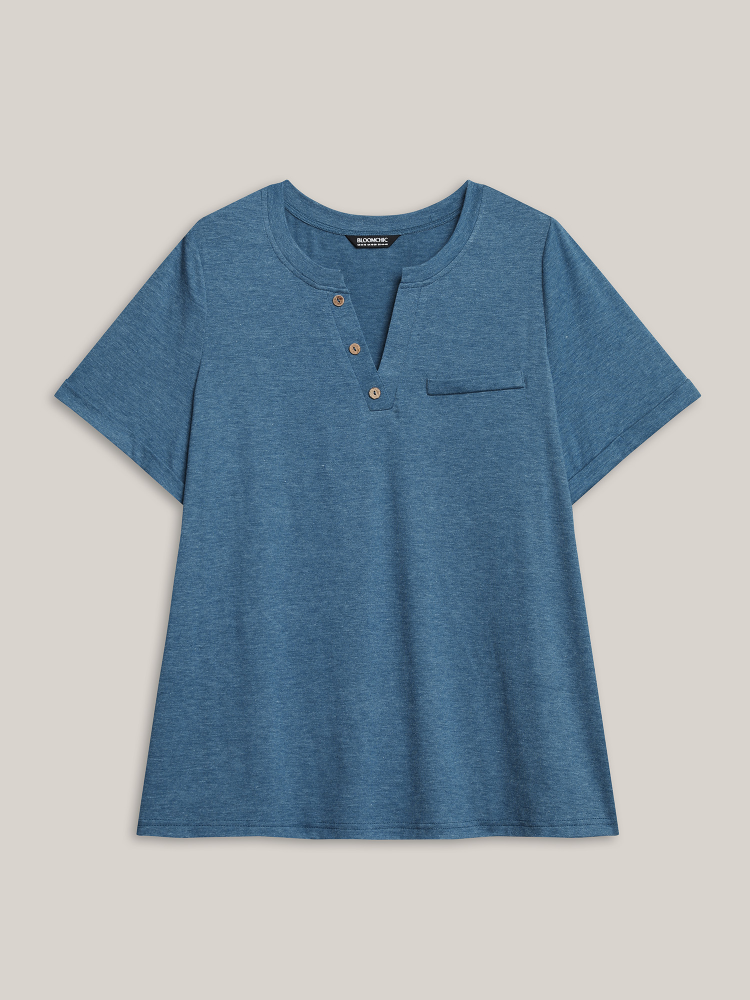 Plus Size Button-Front Half Sleeve Fitted T-Shirt Cerulean Women Casual Roll Hem Notched collar Everyday T-shirts BloomChic 30/6X 