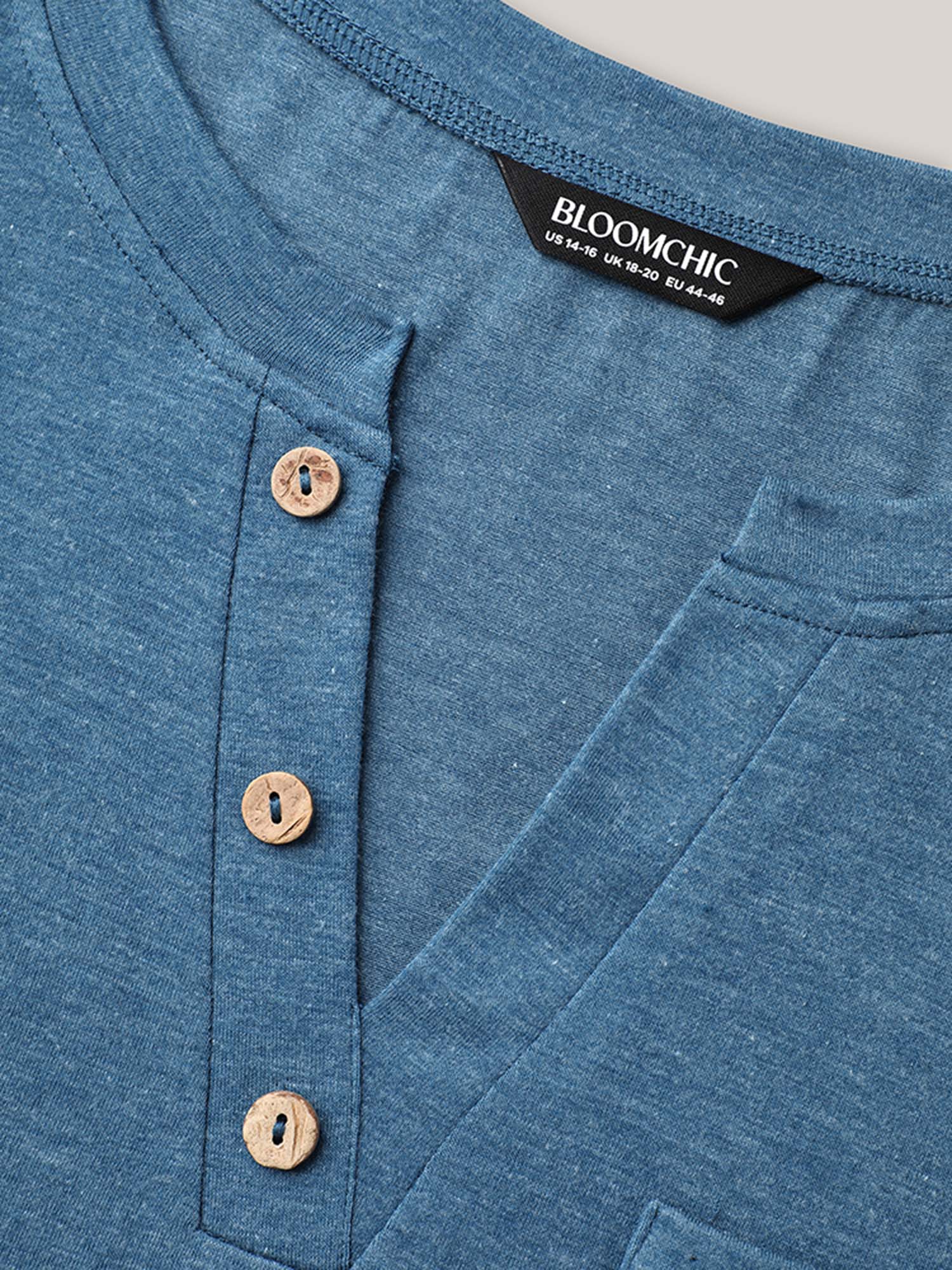 Plus Size Button-Front Half Sleeve Fitted T-Shirt Cerulean Women Casual Roll Hem Notched collar Everyday T-shirts BloomChic 30/6X 