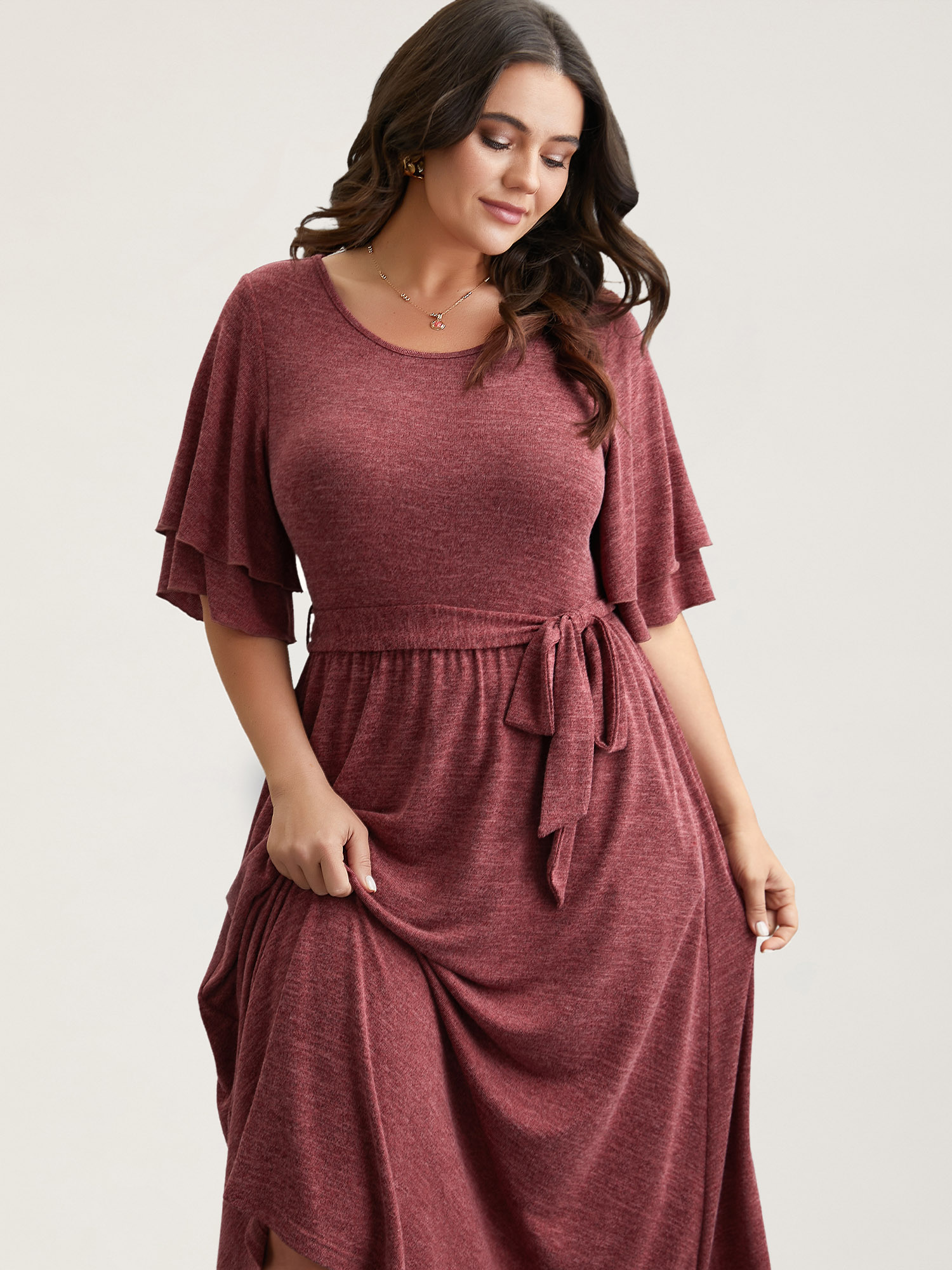 

Plus Size Layered Lotus Sleeve Belted Midi Knit Dress Scarlet Women Elegant Belted Knit Dresses Bloomchic