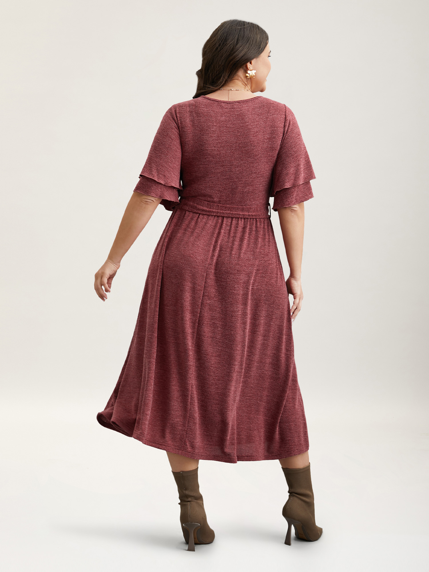 

Plus Size Layered Lotus Sleeve Belted Midi Knit Dress Scarlet Women Elegant Belted Knit Dresses Bloomchic