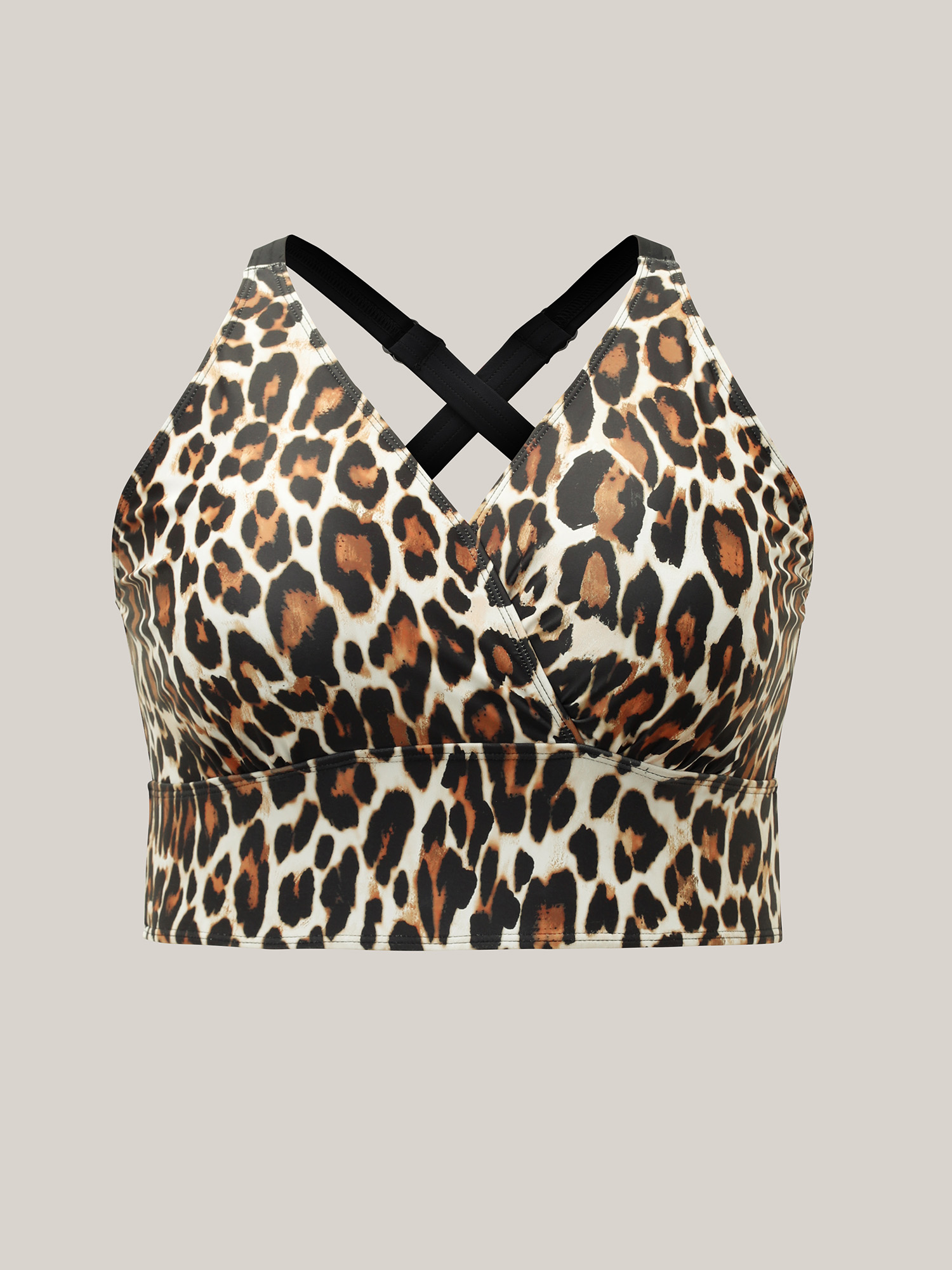 Plus Size Leopard Print Surplice Neck Swim Top Women`s Swimwear Leopard Beach High stretch Skinny V-neck Curve Swim Tops BloomChic 12/L 