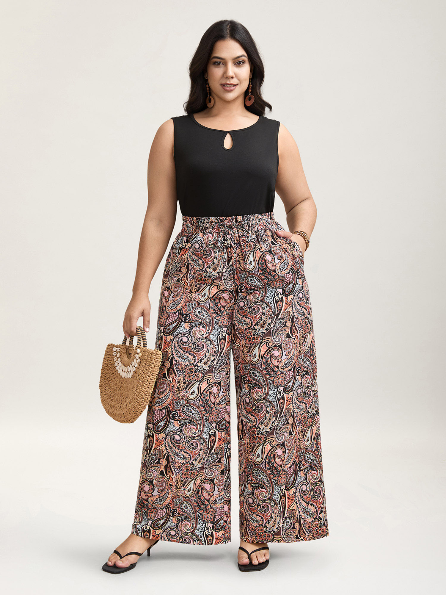 Plus Size Paisley Print Drawstring Wide-Leg Pants Women Multicolor Resort Wide Leg Mid Rise Vacation Pants BloomChic 30/6X 