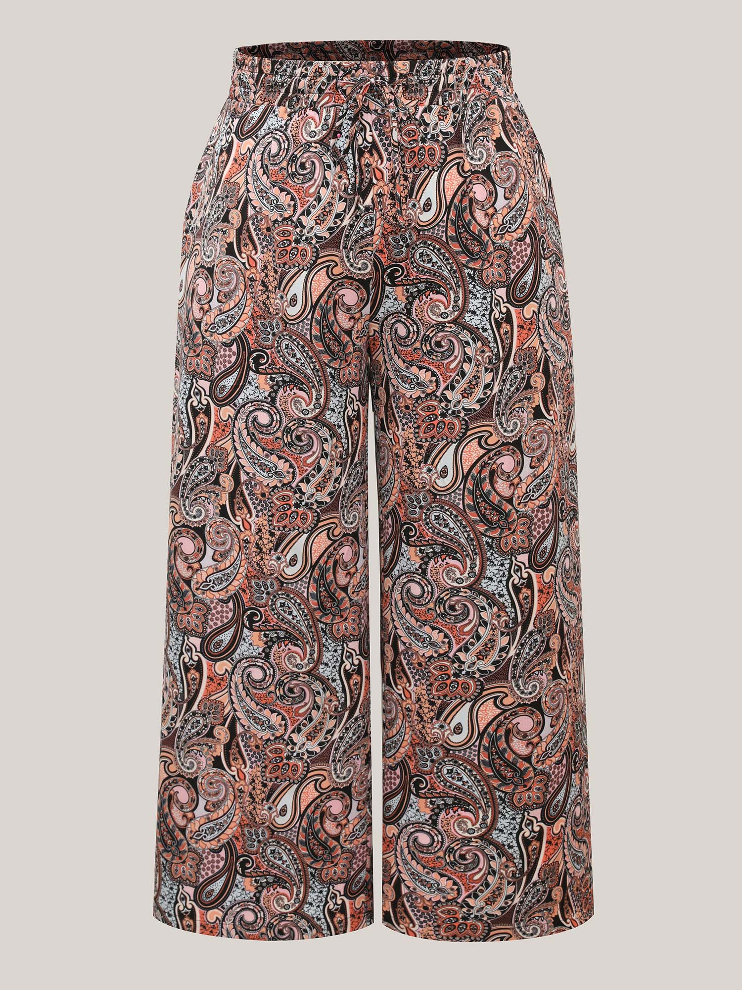 Plus Size Paisley Print Drawstring Wide-Leg Pants Women Multicolor Resort Wide Leg Mid Rise Vacation Pants BloomChic 30/6X 