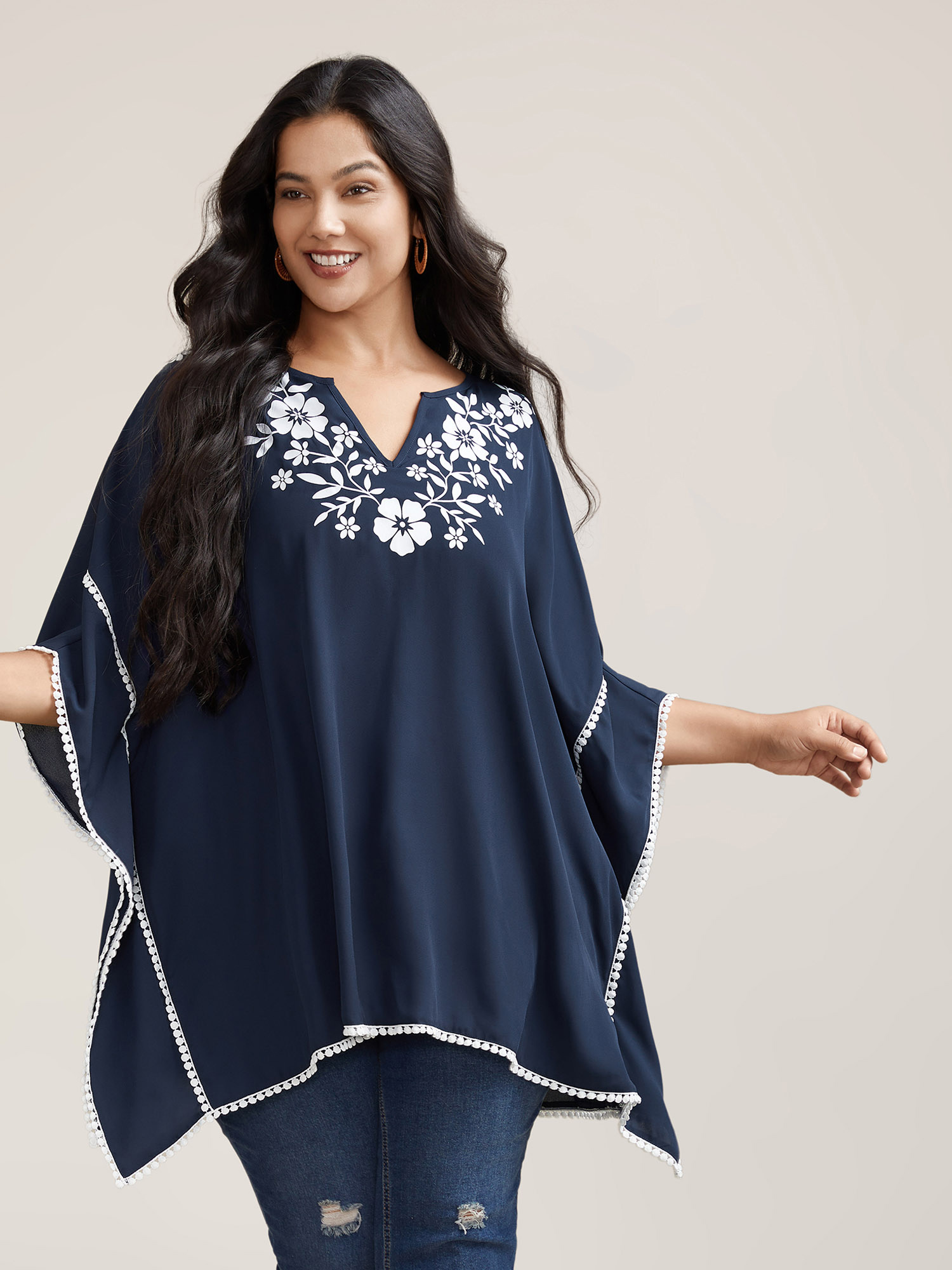 

Plus Size Indigo Printed Neckline Lace Spliced Loose Shirt Women Resort Elbow-length sleeve Flat collar with V-notch Vacation Blouses BloomChic