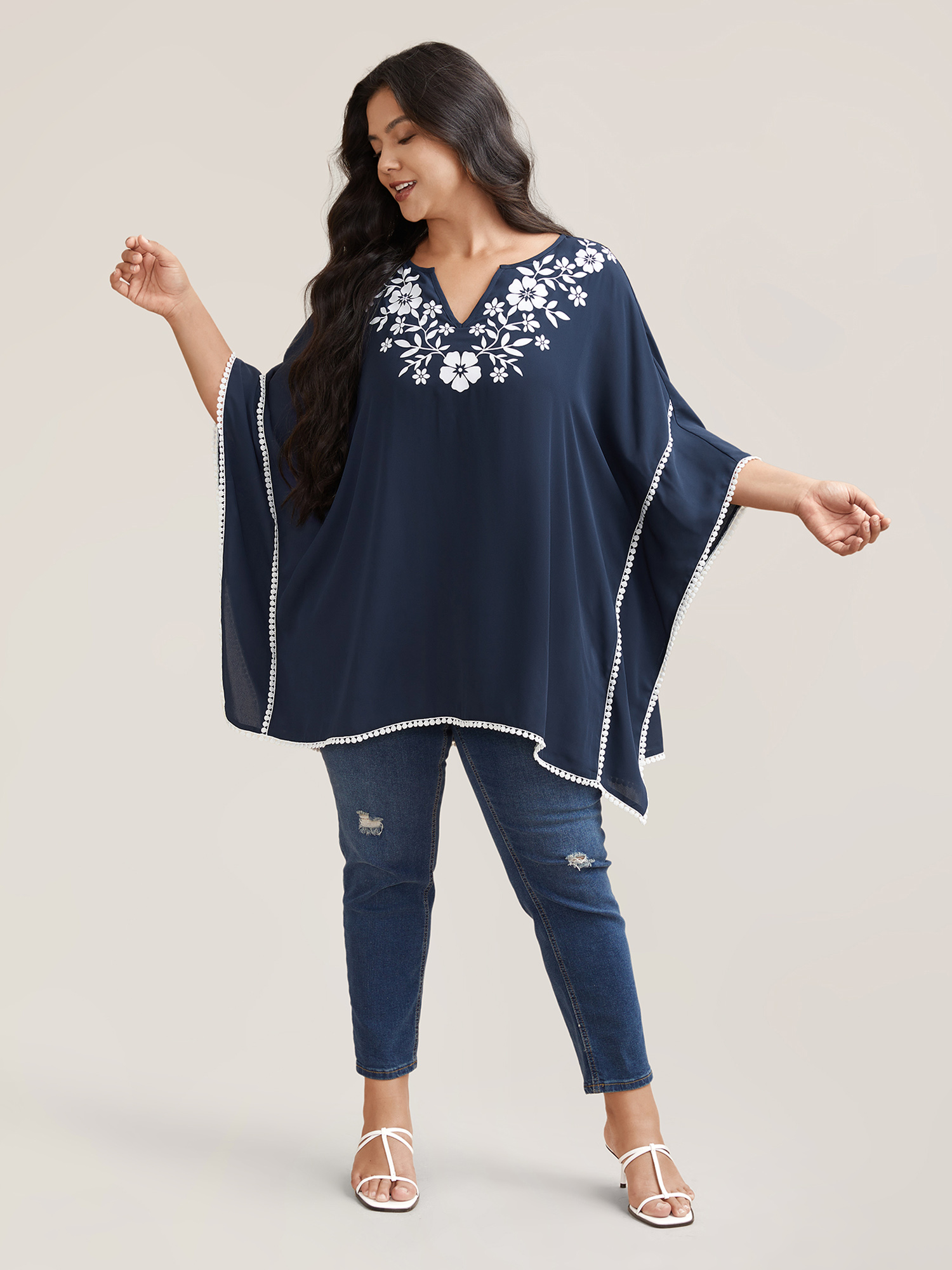 Plus Size Indigo Printed Neckline Lace Spliced Loose Shirt Women Resort Elbow-length sleeve Flat collar with V-notch Vacation Blouses BloomChic 12/L 