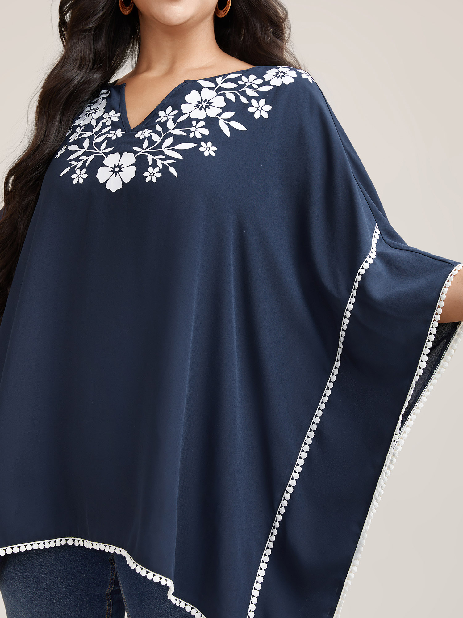 Plus Size Indigo Printed Neckline Lace Spliced Loose Shirt Women Resort Elbow-length sleeve Flat collar with V-notch Vacation Blouses BloomChic 12/L 