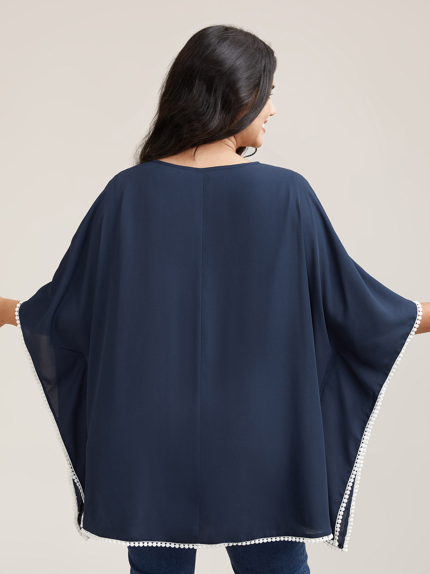 Plus Size Indigo Printed Neckline Lace Spliced Loose Shirt Women Resort Elbow-length sleeve Flat collar with V-notch Vacation Blouses BloomChic 12/L 