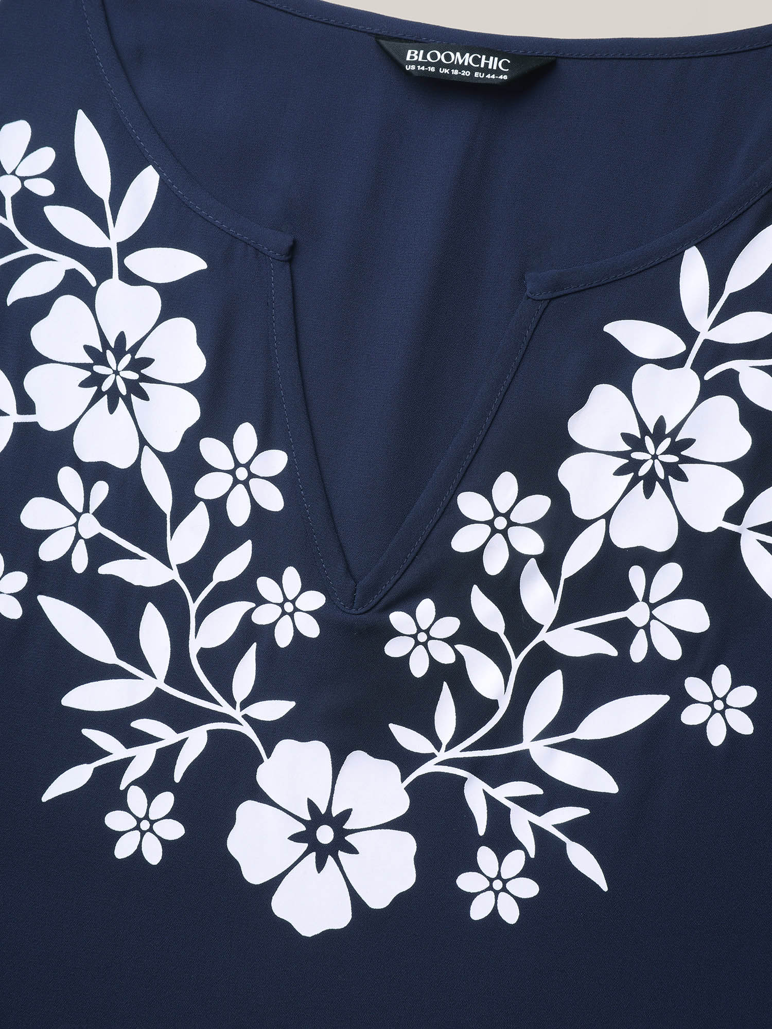 Plus Size Indigo Printed Neckline Lace Spliced Loose Shirt Women Resort Elbow-length sleeve Flat collar with V-notch Vacation Blouses BloomChic 12/L 