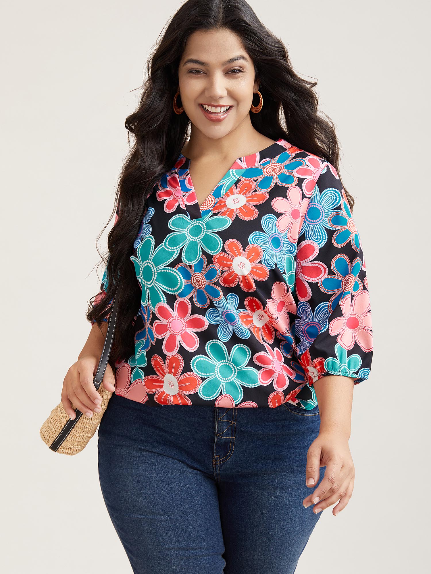 

Plus Size Multicolor Multicolor Floral Fun Print Shirt Women Resort Elbow-length sleeve Non Vacation Blouses BloomChic