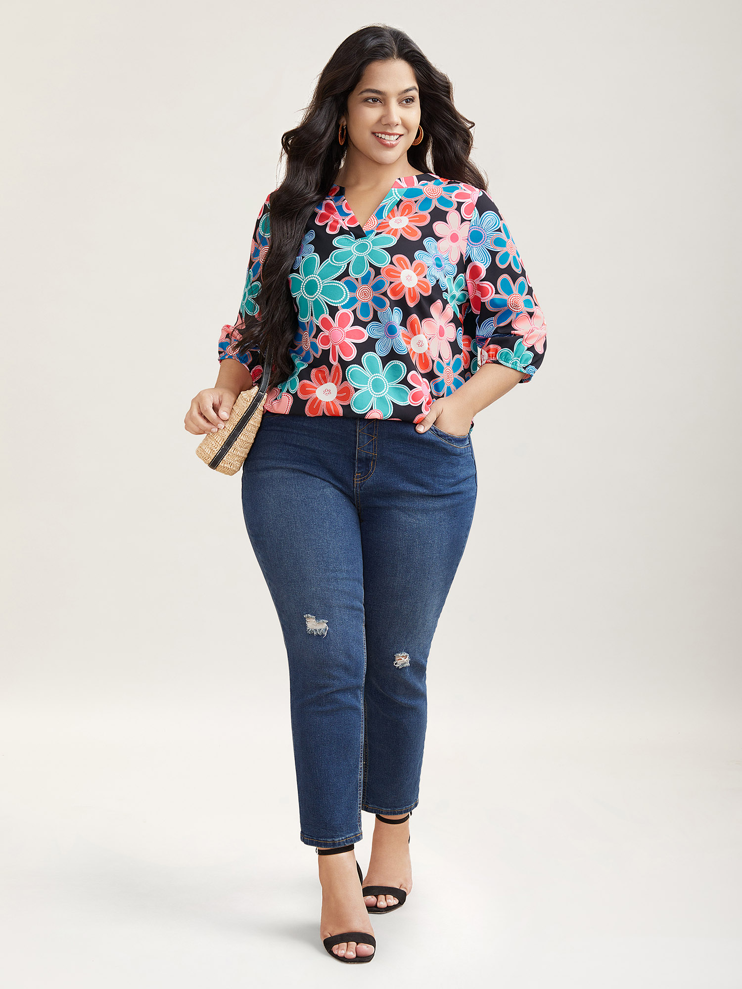 Plus Size Multicolor Multicolor Floral Fun Print Shirt Women Resort Elbow-length sleeve Non Vacation Blouses BloomChic 26/4X 