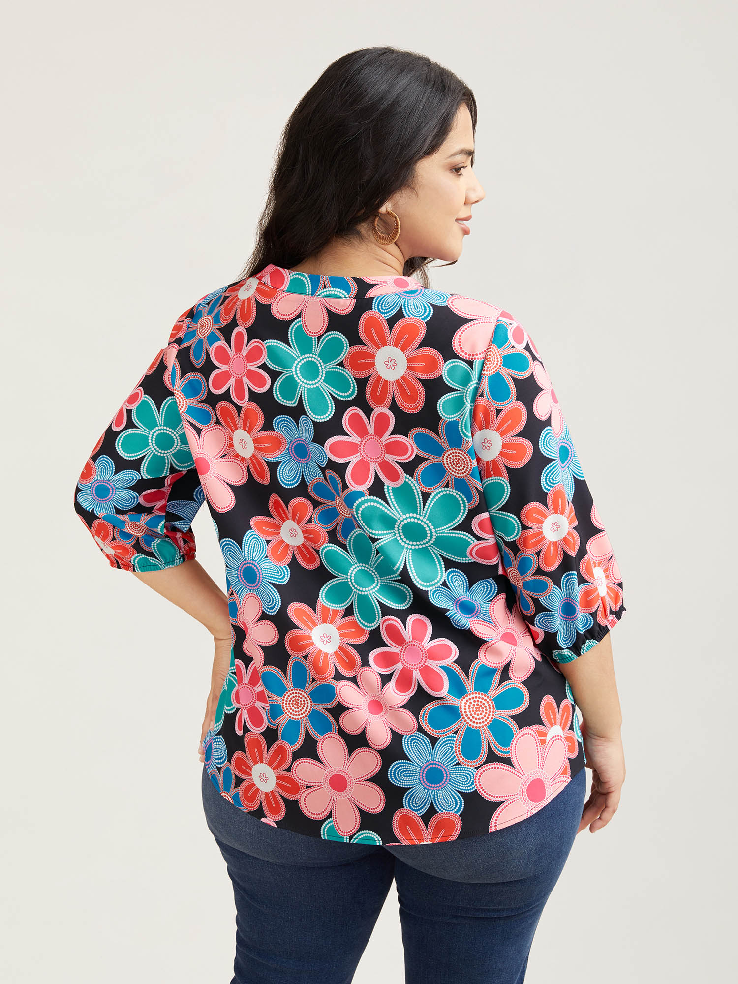 Plus Size Multicolor Multicolor Floral Fun Print Shirt Women Resort Elbow-length sleeve Non Vacation Blouses BloomChic 26/4X 