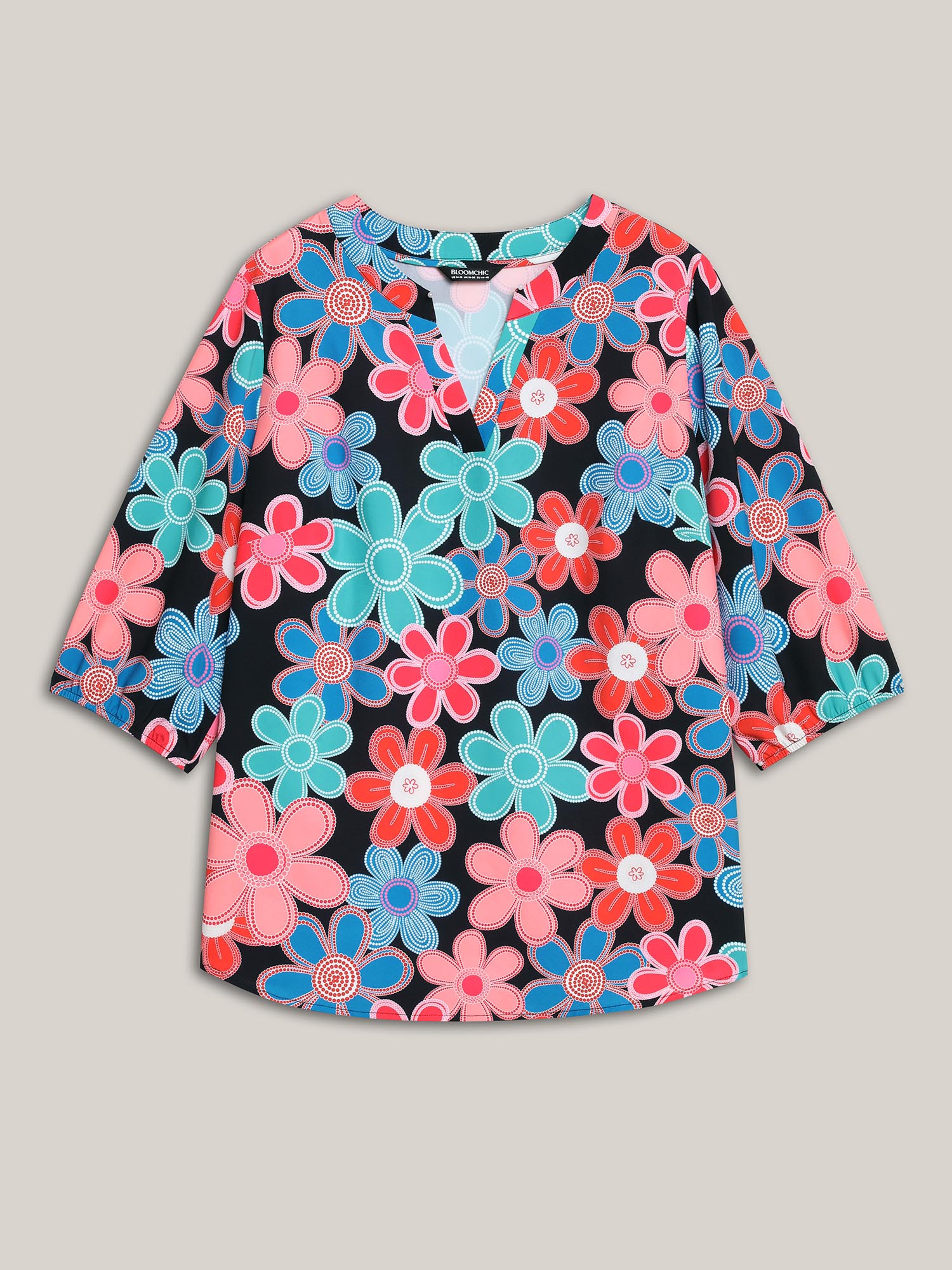 Plus Size Multicolor Multicolor Floral Fun Print Shirt Women Resort Elbow-length sleeve Non Vacation Blouses BloomChic 26/4X 