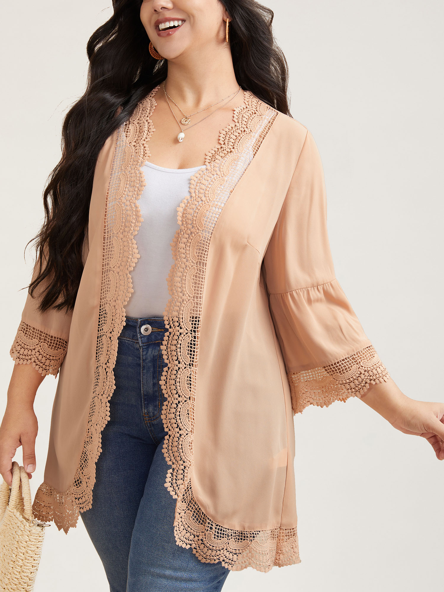 

Plus Size Scalloped Lace Open Front Kimono Cardigan Women Wheat Resort Woven ribbon&lace trim Loose Vacation Kimonos BloomChic