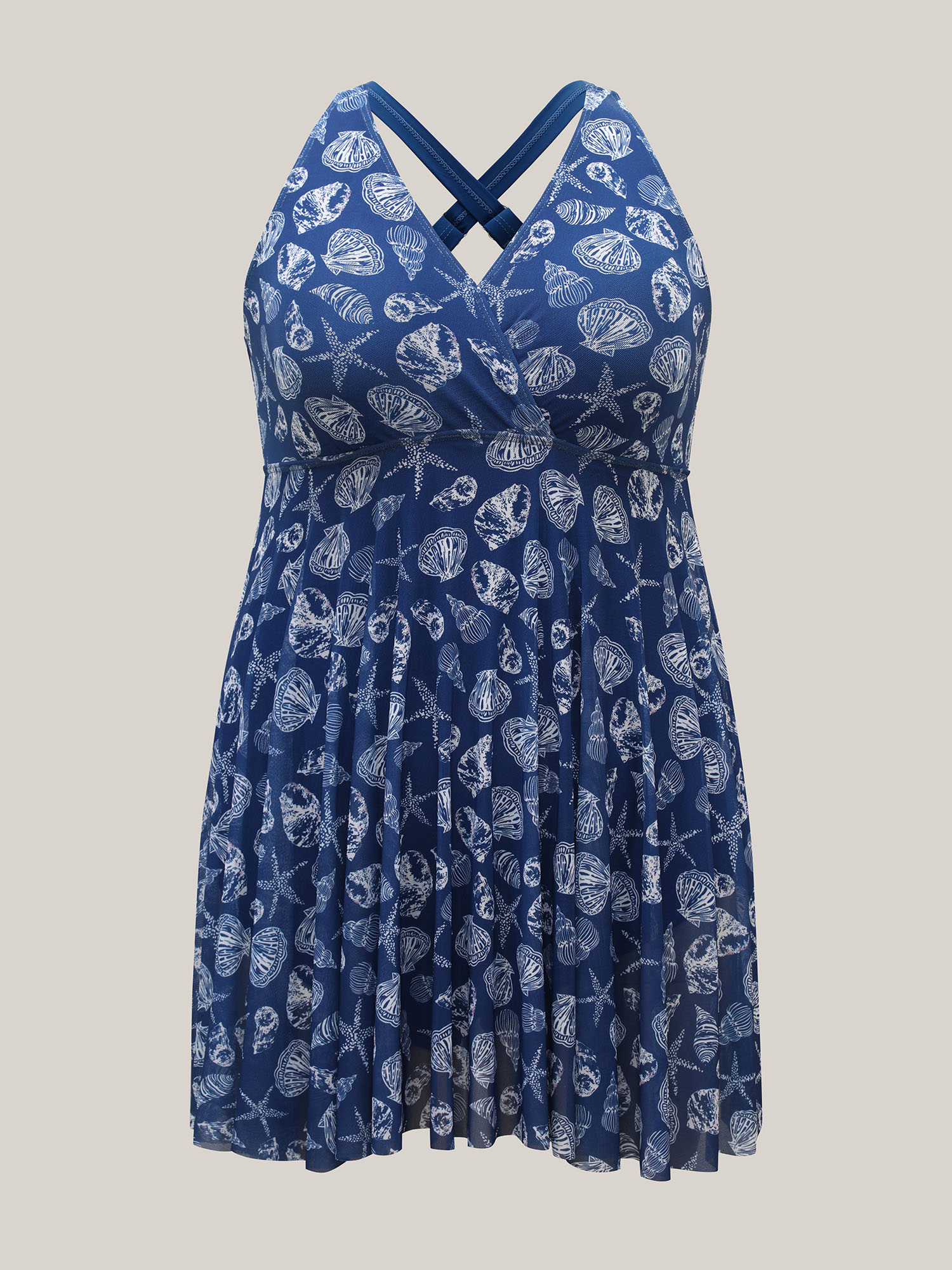 Plus Size Shell Print Mesh Adjustable Cross-Straps Swim Dress Women`s Swimwear Cerulean Beach Bodycon Overlap Collar High stretch Curve Swim Dresses BloomChic 22-24/3X 