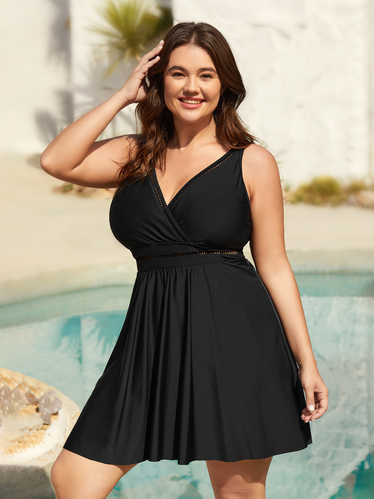 Plus Size Cut-Out Surplice Neck Webbed Swim Dress Women`s Swimwear Black Beach Bodycon Overlap Collar High stretch Curve Swim Dresses BloomChic 14-16/1X 
