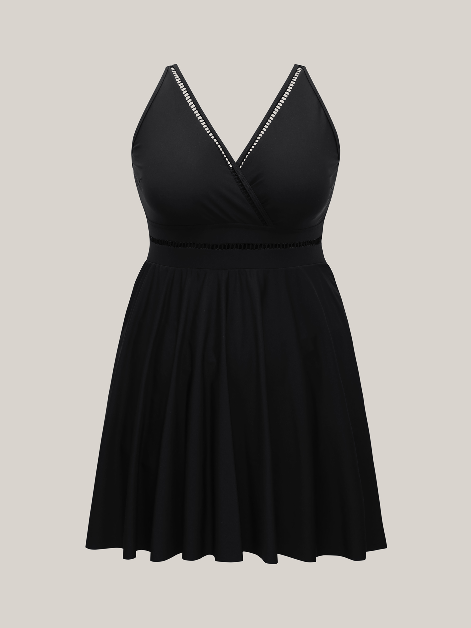 Plus Size Cut-Out Surplice Neck Webbed Swim Dress Women`s Swimwear Black Beach Bodycon Overlap Collar High stretch Curve Swim Dresses BloomChic 14-16/1X 