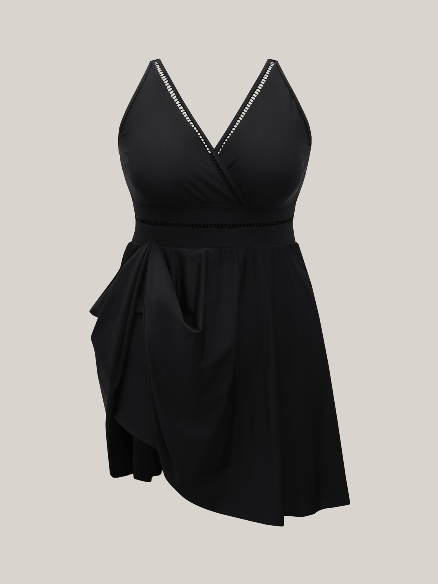 Plus Size Cut-Out Surplice Neck Webbed Swim Dress Women`s Swimwear Black Beach Bodycon Overlap Collar High stretch Curve Swim Dresses BloomChic 14-16/1X 