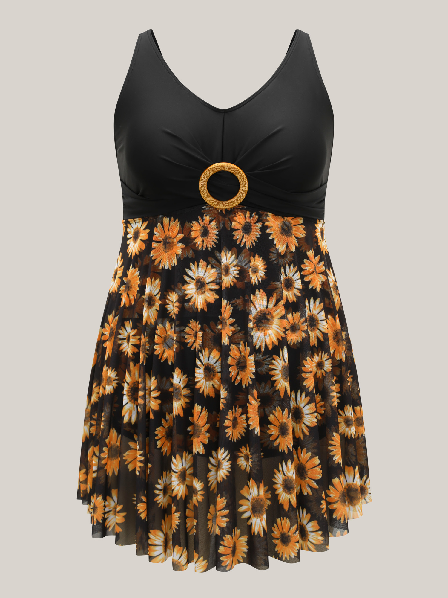 Plus Size Sunflower Pattern Mesh Contrast Swim Dress Women`s Swimwear Black Beach Bodycon U-neck High stretch Curve Swim Dresses BloomChic 14-16/1X 