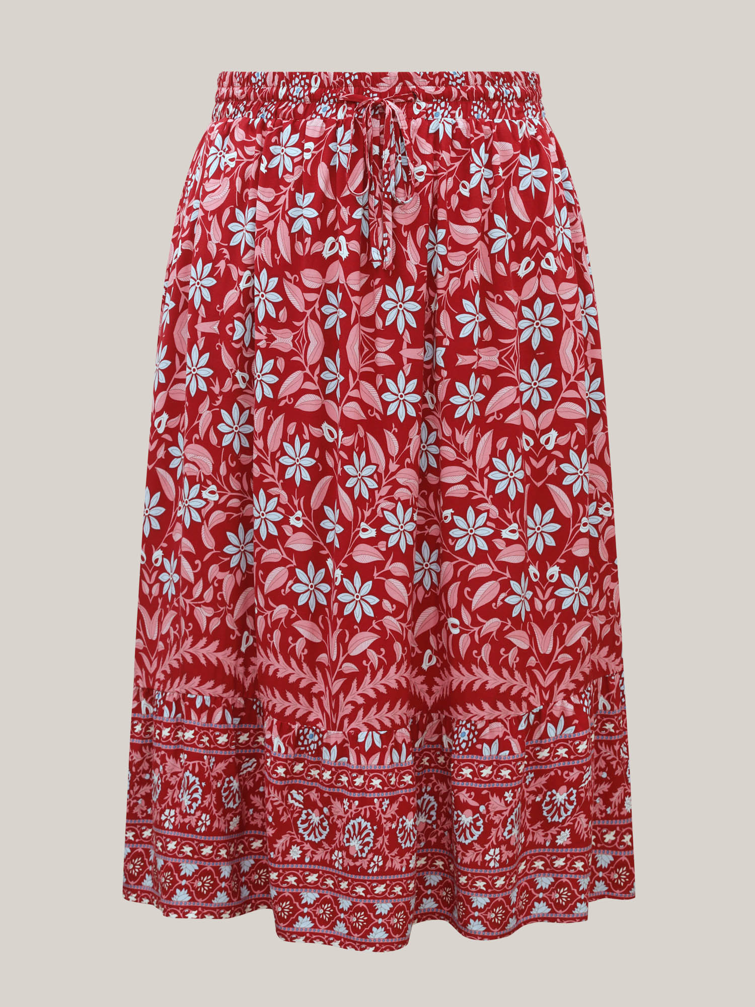 Plus Size Spring Floral Fusion Panelled Tiered Skirt Women Russet Resort Patchwork Low stretch Slanted pocket Vacation Skirts BloomChic 30/6X 