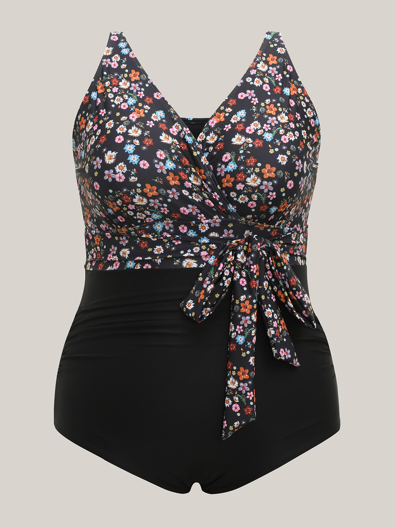 Plus Size Floral Tied Waist Defining One-Piece Swimsuit Women`s Swimwear Black Beach Tie knot Curve Bathing Suits High stretch One Pieces BloomChic 28/5X 